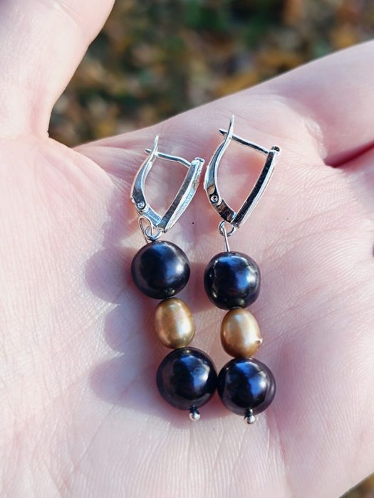 Cercei din argint 925 cu perle culoare neagra si maro, copii