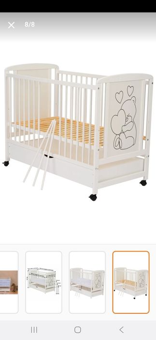 Vând Patut din lemn Qmini Timmi cu sertar si roti Alb + Saltea 12 cm