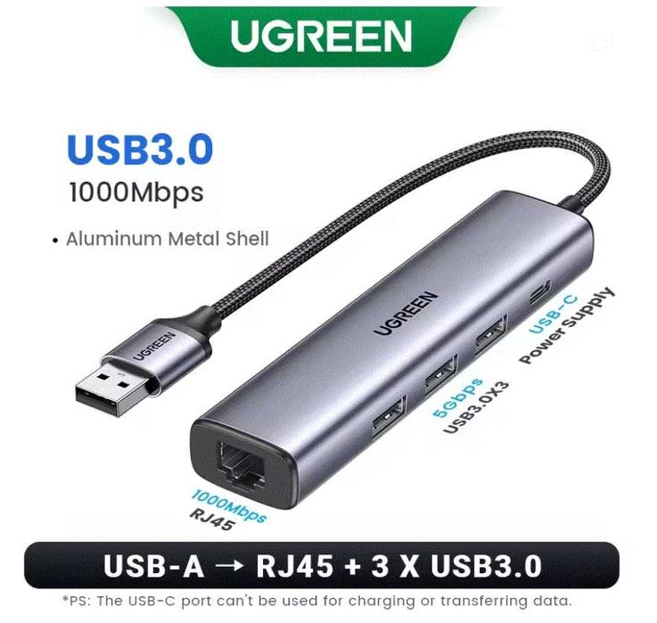 Преходник Ugreen, Хъб за Macbook, USB-3.0, RJ-45 1Gbps