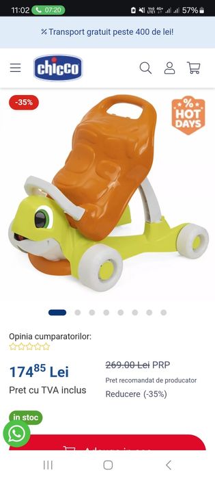 Jucarie antemergator ecologic Chicco, Broasca testoasa Walk and Ride,