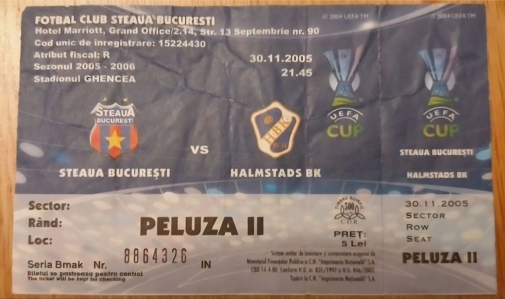 Bilet meci Steaua Bucuresti - Halmstads BK, cupa UEFA, 30.11.2005