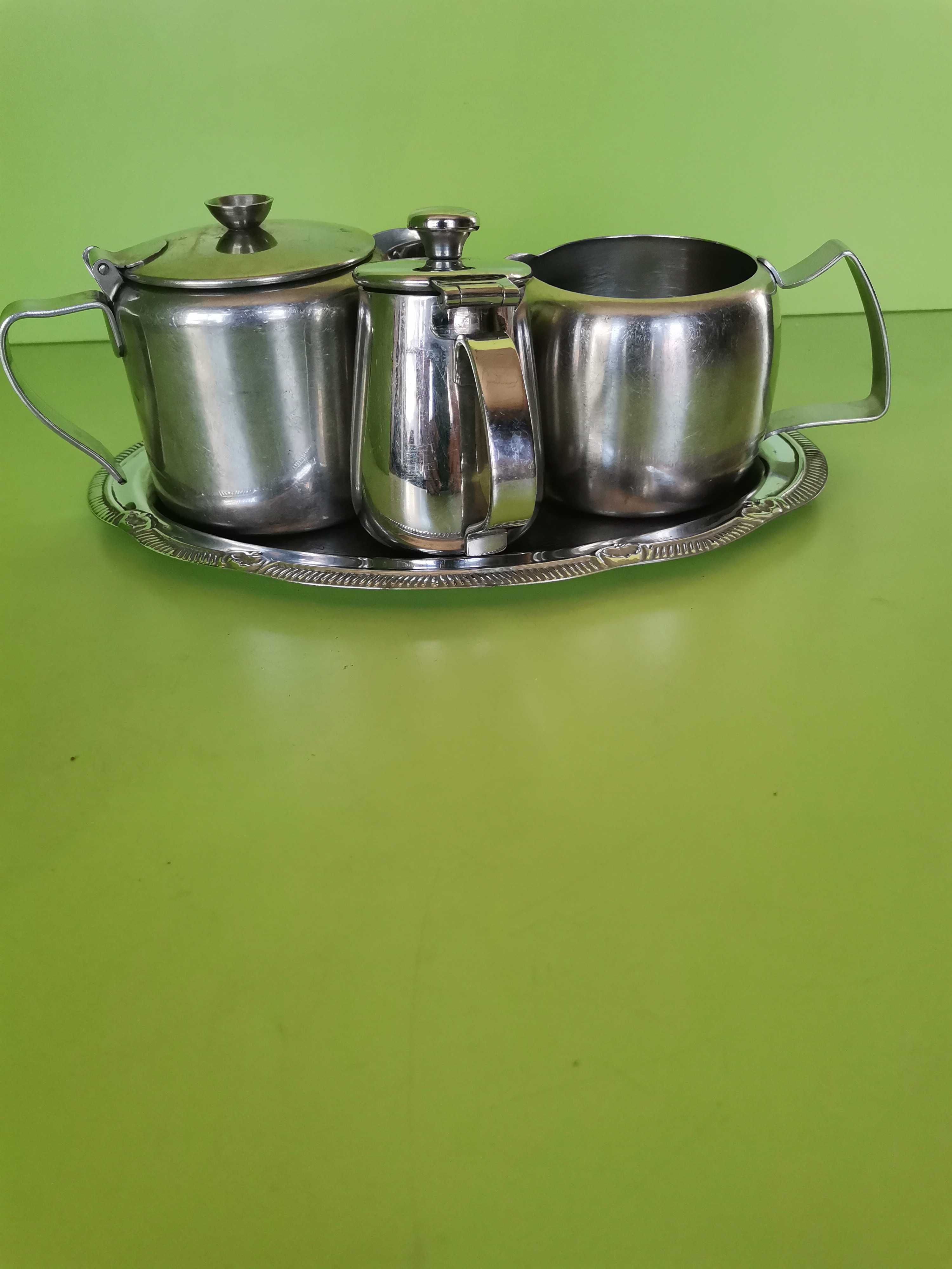 Set din inox în miniatură servit ceai +ceainic cu latieră din aluminiu