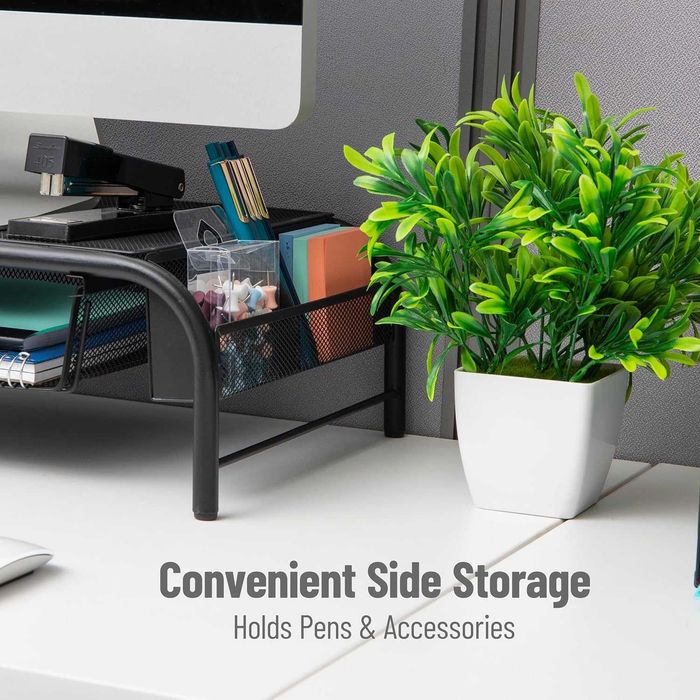 Stand monitor plasa metalica cu sertar si rafturi laterale ergonomic