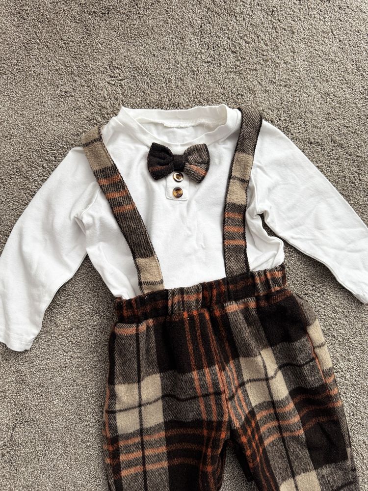 Set pantaloni cu bretele si bluza cu papion, 9-12 luni