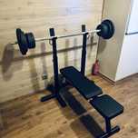Фитнес комплект: лежанка + лост + дъмбели + 60 кг тежести Decathlon