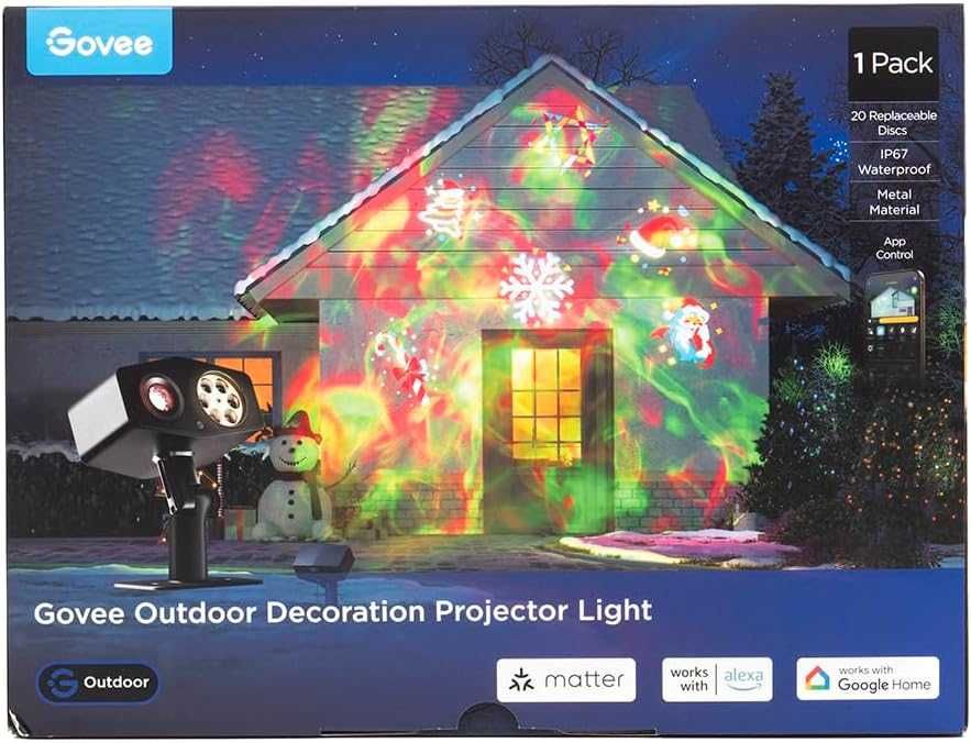 Govee Външен проектор със снежинки, интелигентен проектор, 20 диска