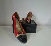Pantofi eleganți damă, roșu-nude-negru, cu fundiță-OFERTA IN DESCRIERE
