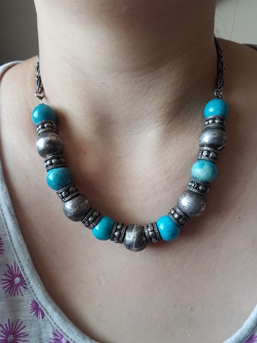 Lant colier dama foarte masiv argint,vintage,pietre turcoaz,exceptie