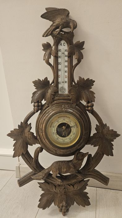 Termometru barometru motive vânătorești sculptat lemn masiv vintage
