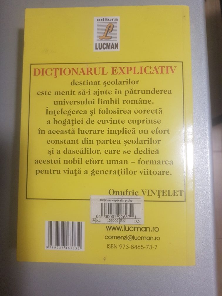 Dicționar explicativ școlar - de Onufrie Vințeler, Editura Lucman