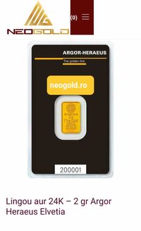 Lingou aur 24k 2 grame Argor Heraeus Elveția NEOGOLD.RO