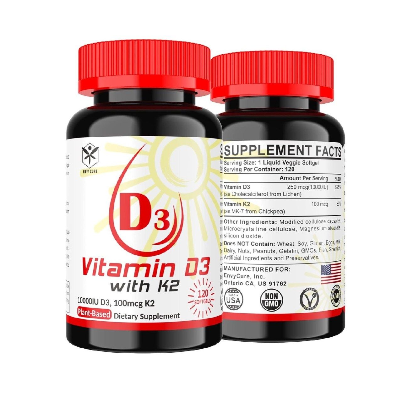 Витамин D3 K2 Веганский витамин D3 10 000 МЕ + витамин K2 (100 мкг Vit