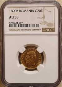 Moneda aur 20 Lei 1890, Carol I, gradata NGC AU 55