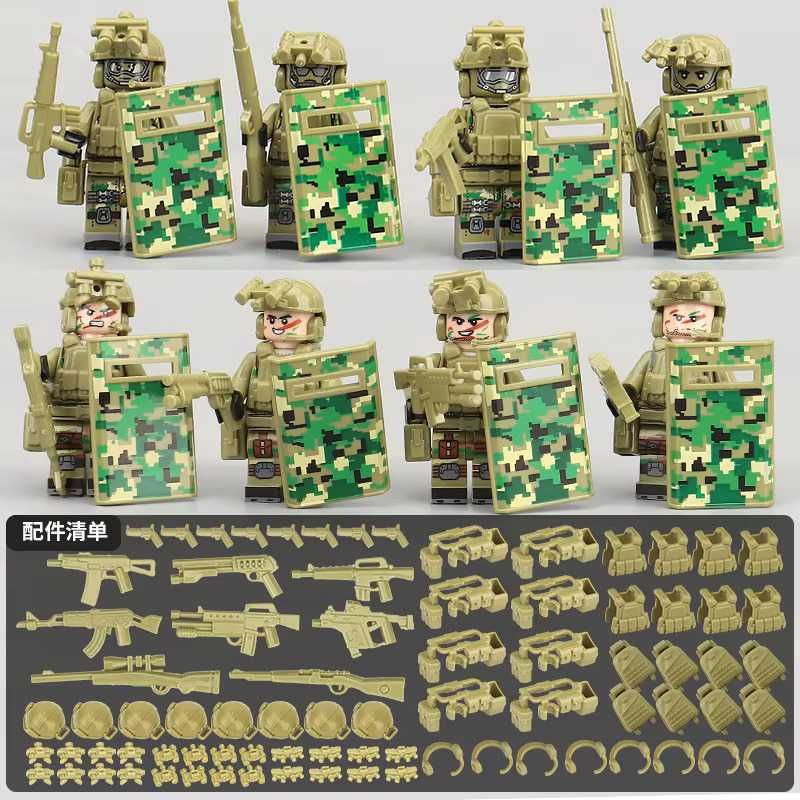 Set 8 figurine tip Lego cu 10 accesorii diferite si scuturi