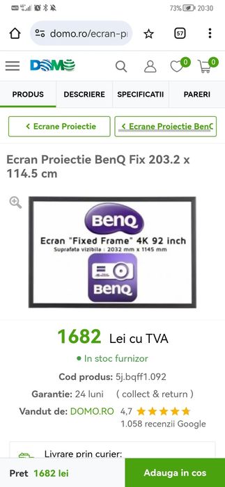 Ecran proiecție cadru fix BenQ 203x114cm