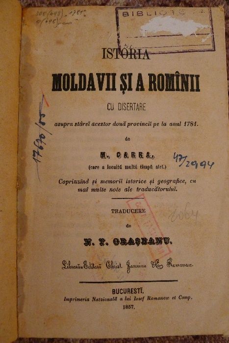 M. Carra - Istoria Moldavii si a Rominii (ed. 1857)