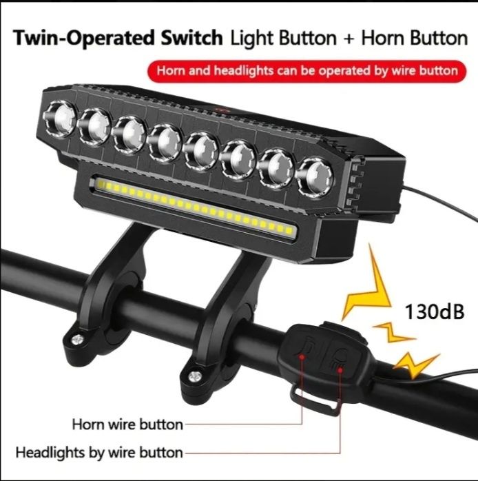 Far bicicletă 8LED + 20SMD cu claxon integrat 130dB – reîncărcabi