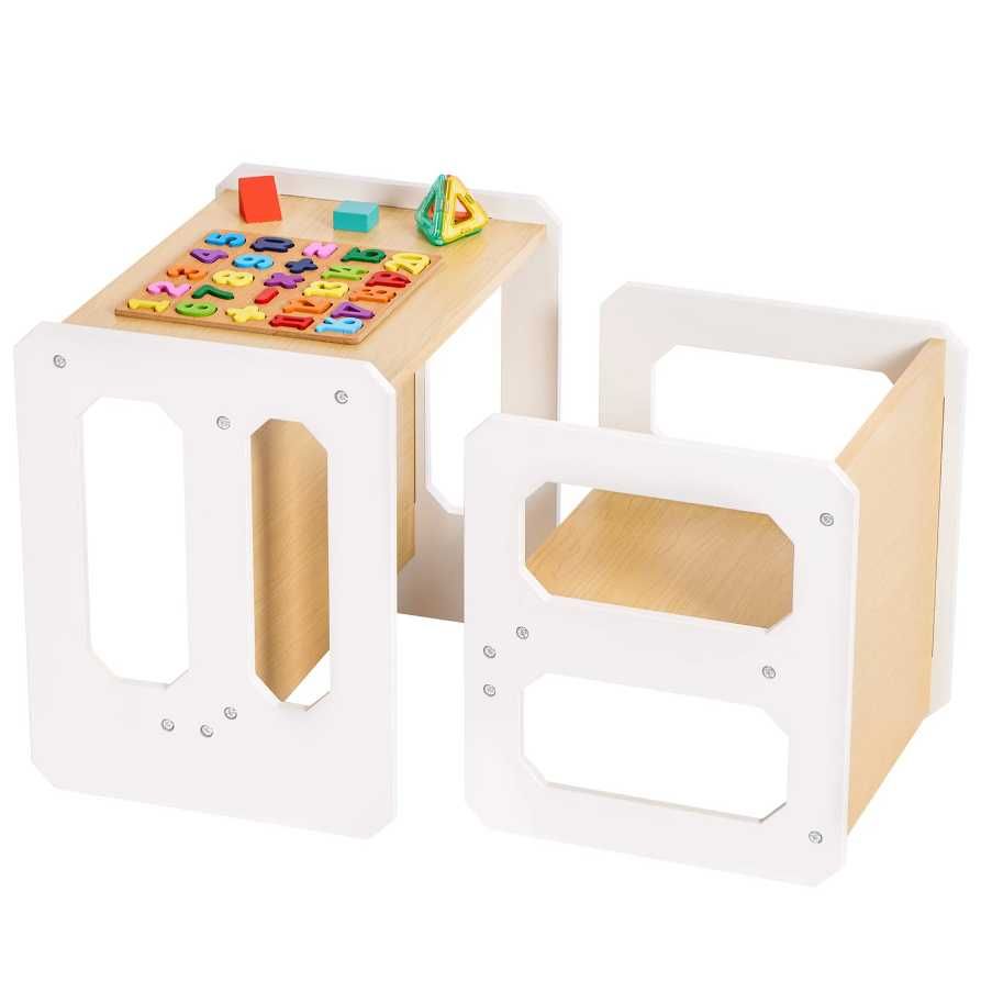 Set masa si scaun copii Yorbay, 2 in 1, lemn, culoare alb si natur