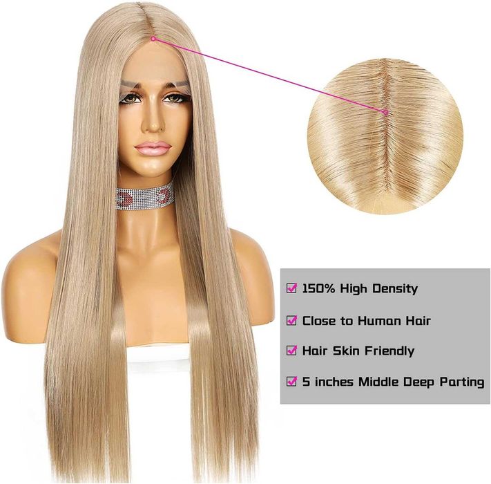 75 см тъмно руса пепелява права перука с дантела лейс фронт 13×4