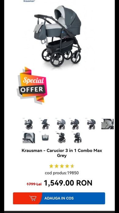 Cărucior krausman 3 in 1 Combo Max Grey