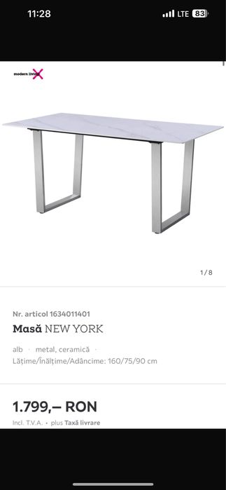 Masa ceramica alba tip marlura cu picioare inox 160/75/90 cm