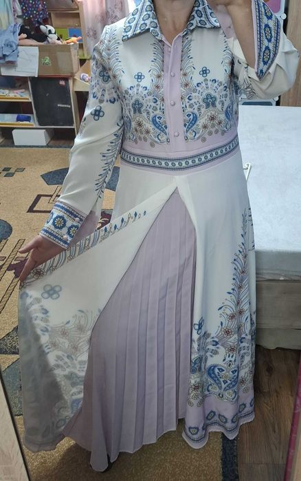 Rochie eleganta superba, alba cu model etnic violet, TrendButik, L-40