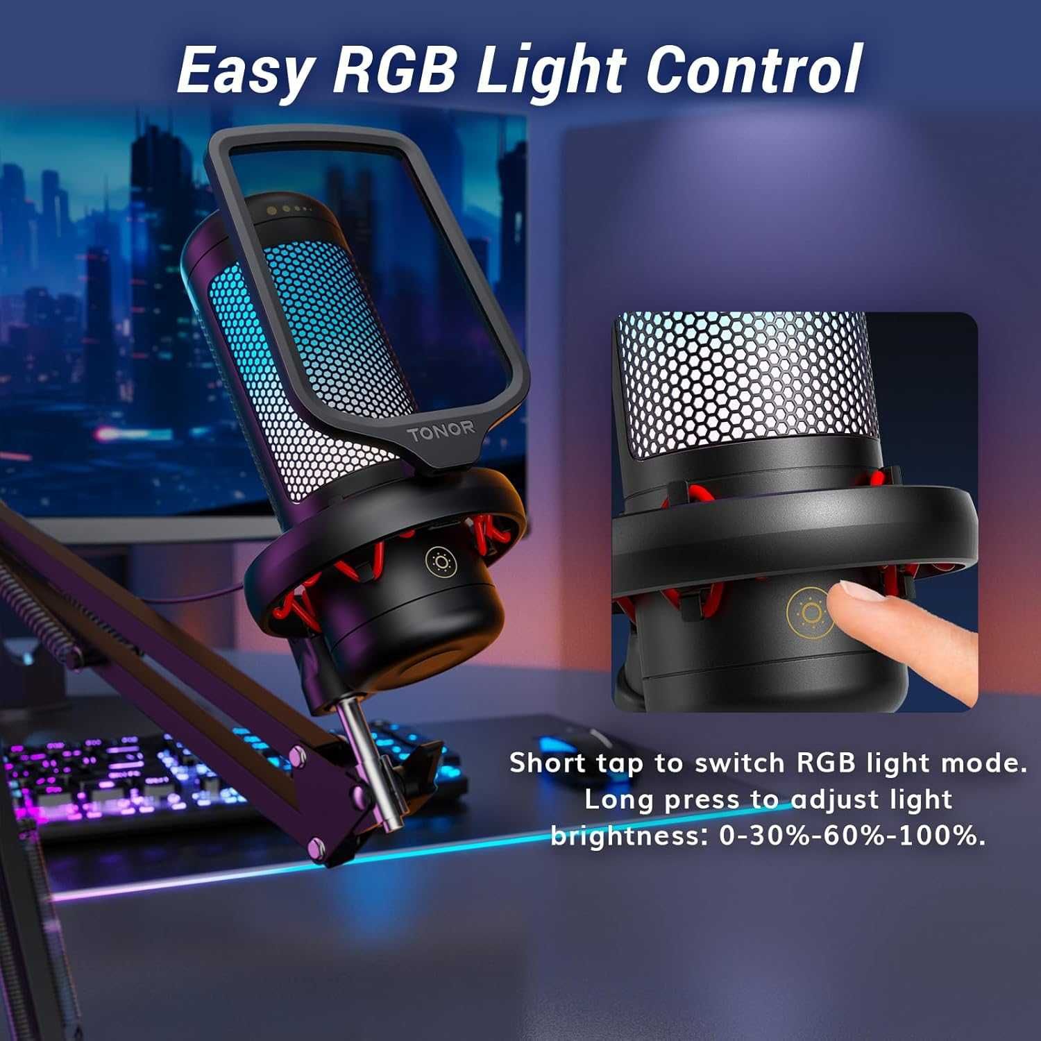 Комплект TONOR RGB кондензаторен геймърски микрофон с рамо, TC310+ бял