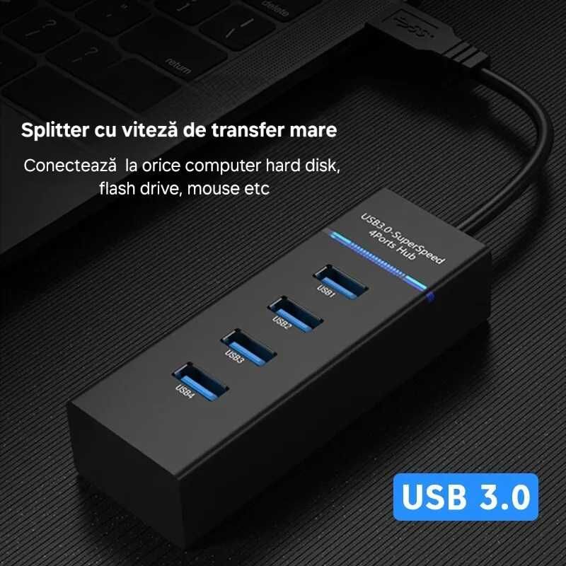 Hub 4port. Transfer fulger: 5Gbps. Capacitate: 10Terra. USB 3.0.