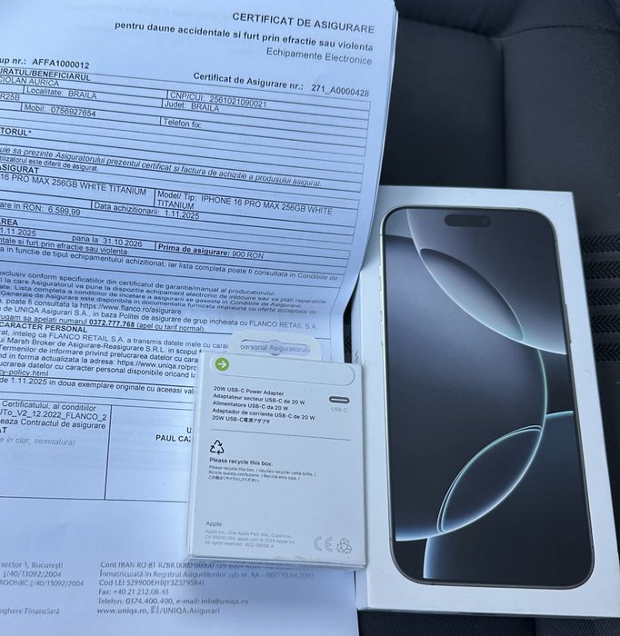 iPhone 16 pro max nou/alb/acte