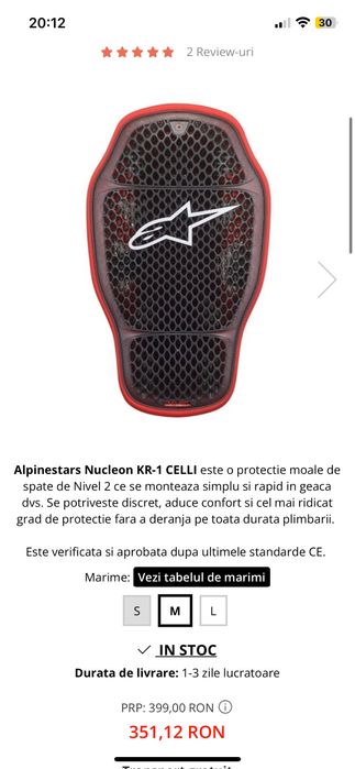 Protectie spate Alpinestars M Nucleon KR-1 CELLI, geaca moto, NOU