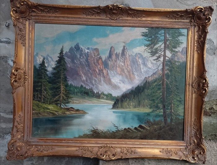 Tablou Ulei pe pânză peisaj montan o lucrare foarte veche semnata înc