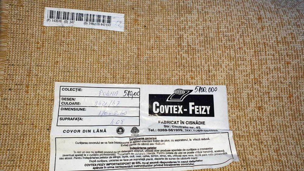 Covor NOU, sigilat, lana 100% Cisnadie,colectia Covtex- Feizy
