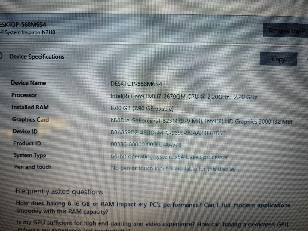 Dell Inspiron N7110, Core i7-2630QM 2GHz, 8GB,256GB-SSD, 17.3"