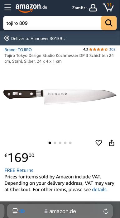 Cutit bucatar Fujitora Tojiro DP VG10 180/210 mm Gyuto japonez
