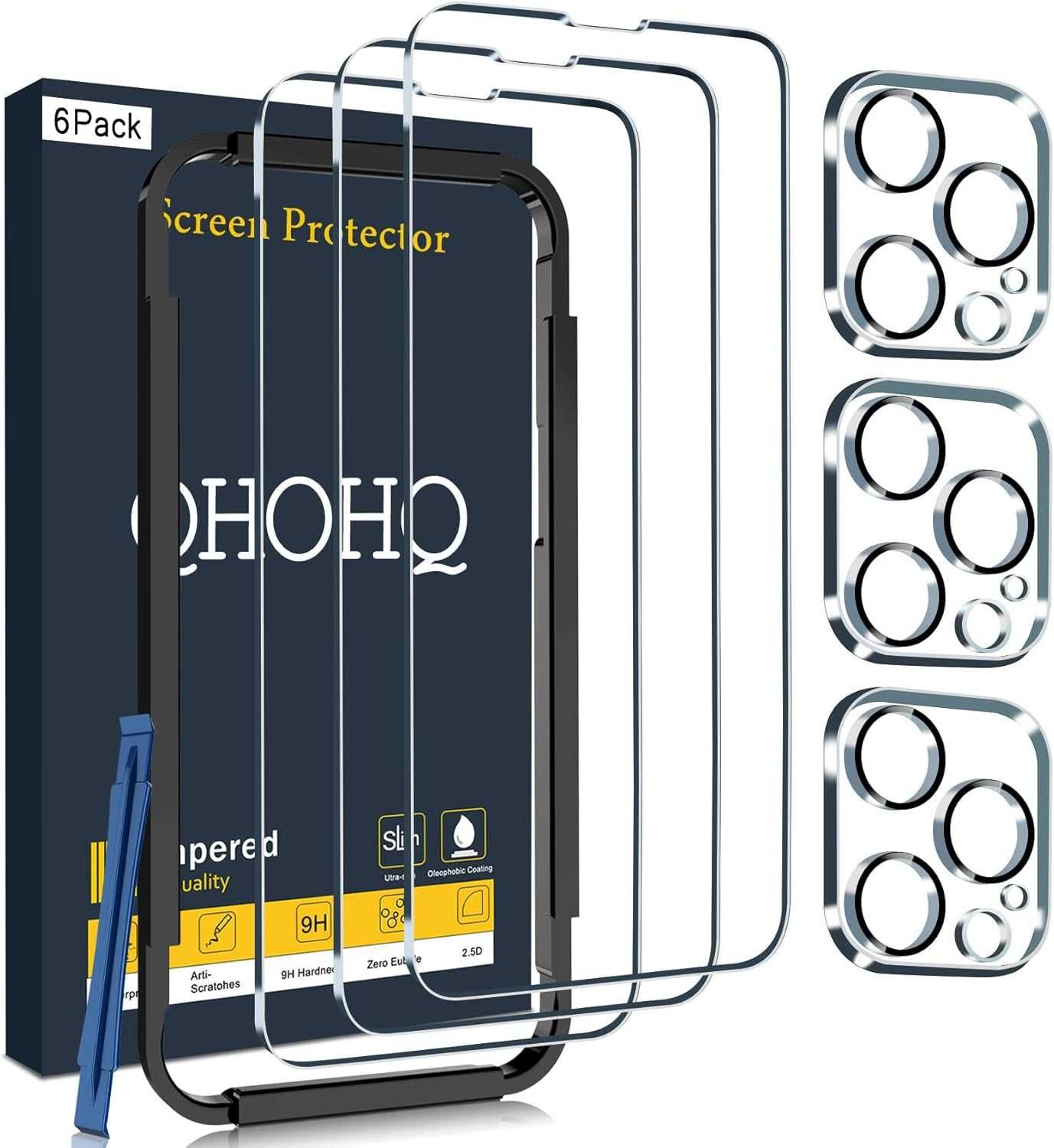 QHOHQ 3 стъклен протектор + 3 защита за камера iPhone 14 Pro Max 6.7"