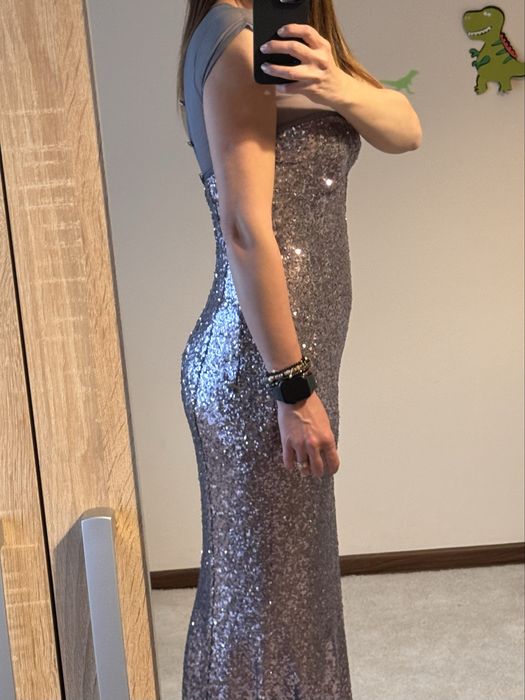 Rochie de seara tip sirena, din paiete, roz pudrat