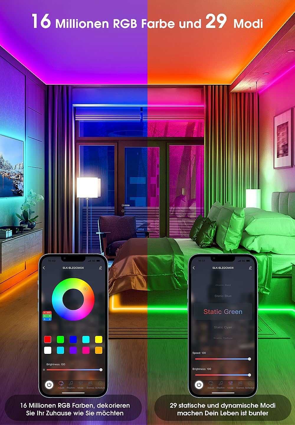 20м (2х10м) RGB LED лента с Bluetooth и дистанционно, микрофн