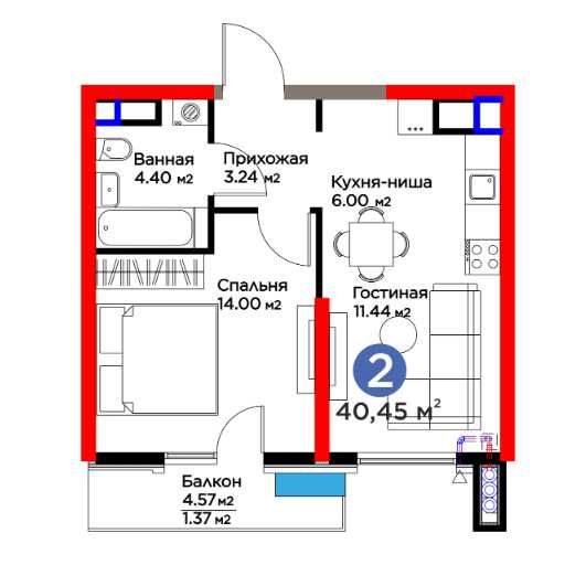ЖК BI SAN`AT  2-к квартира 40.45 м2. г. Ташкент, ул. Фергана йули
