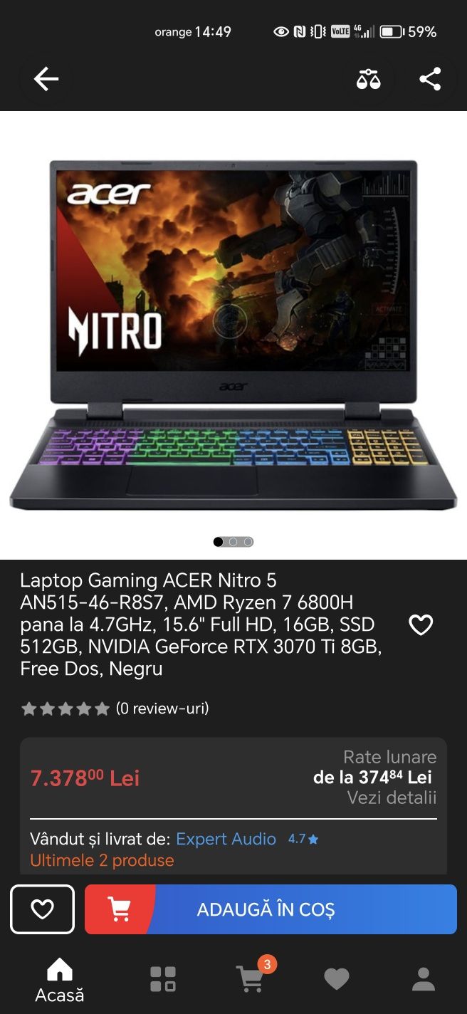 Laptop NOU Gaming ACER Nitro RTX 3070Ti Ryzen 7 6800H 2 Ani Garantie