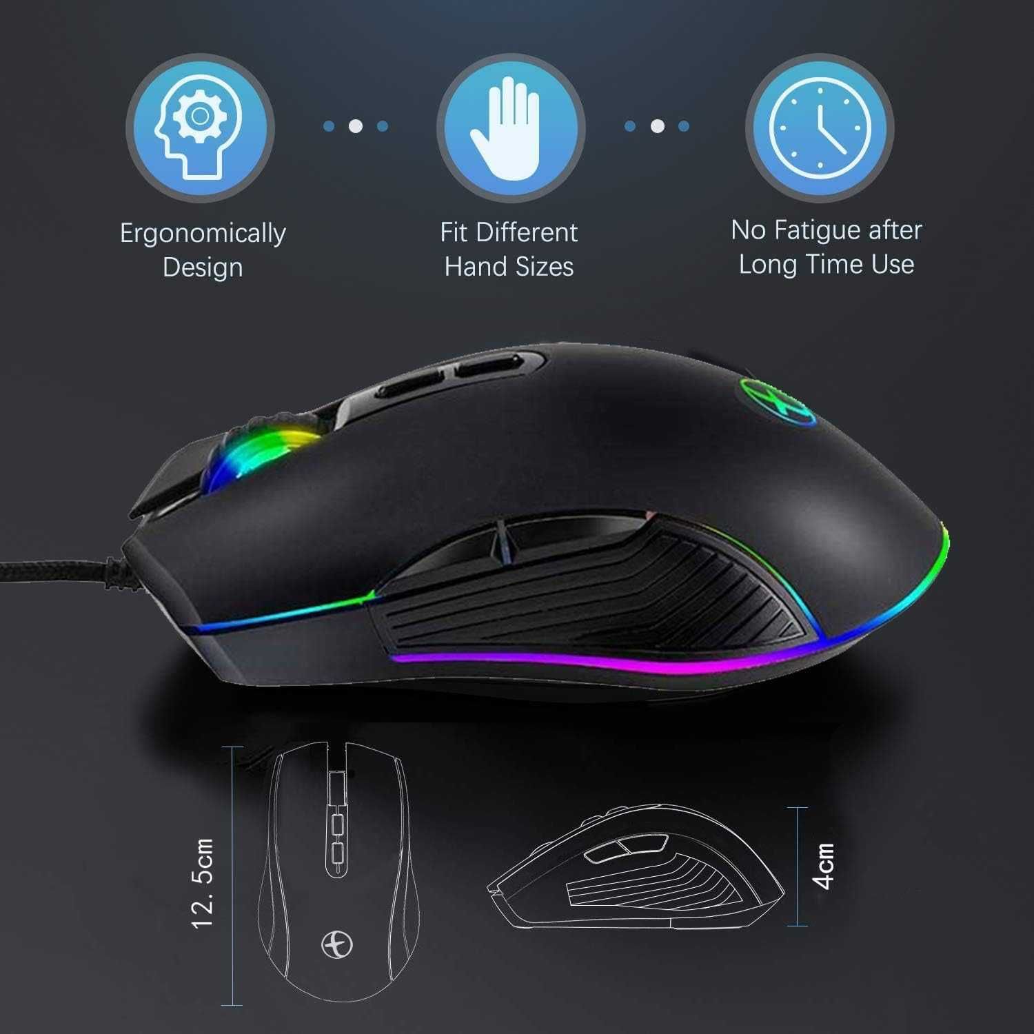 Ергономична RGB мишка за игри, Кабелна мишка IULONEE тип C,