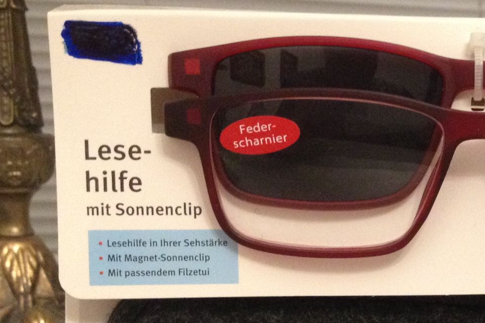 Немски диоптрични очила + 1,5 + слънцезащитна приставка и калъф