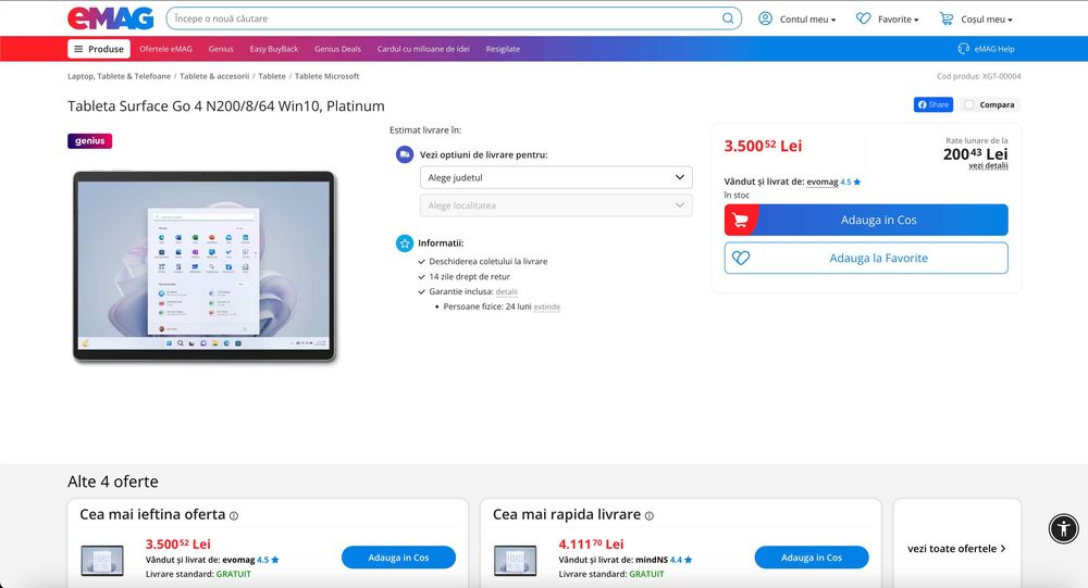Microsoft Surface Go 4 Intel N200/8gb ram/64gb Win 10,Platinum, NOU