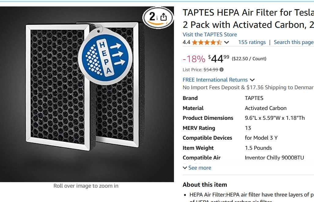 Set 2 filtre habitaclu Tesla Model 3 / Y filtru polen AC interior HEPA