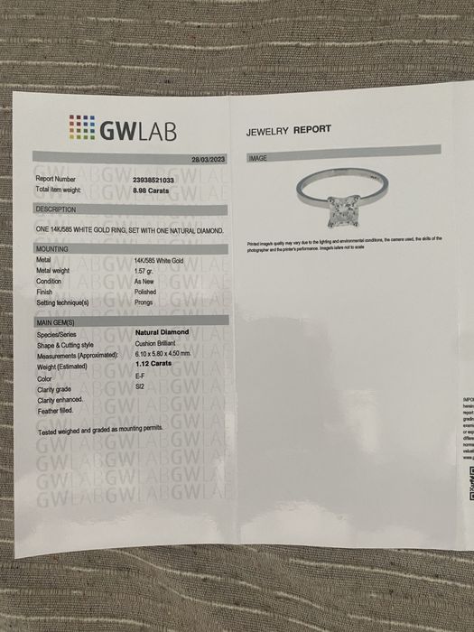 Inel din aur alb, cu diamant natural de 1,12 carate
