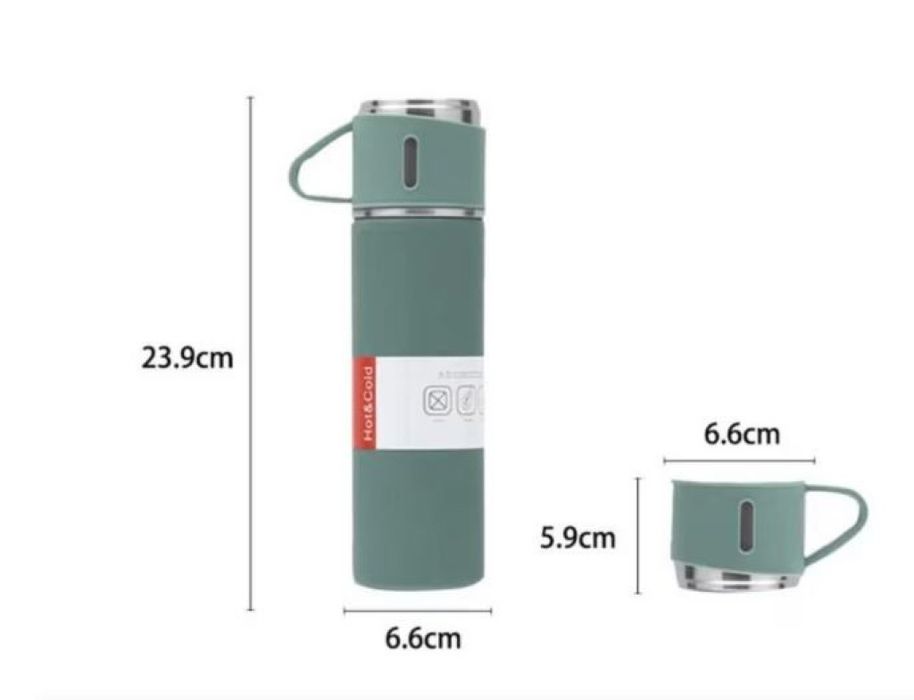 Подаръчен комплект термос с 3 чаши, зелен