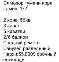 Олмозор тумани кора камиш 1/2 

2 хона  56кв
3 кават
5 каватли
2/6 бал