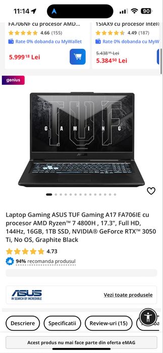 Laptop Gaming ASUS TUF A17 Ryzen 7 4800H, RTX 3050 Ti, 16GB