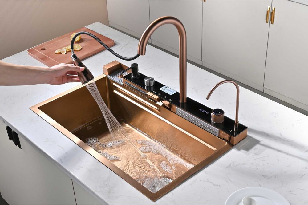Розово злато - Мултифункционална кухненска мивка с двоен водопад