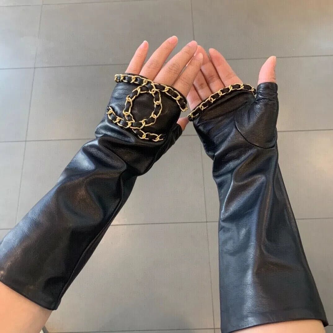 кожени ръкавици черни естествена кожа Шанел без пръсти дълги Chanel