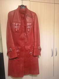 Дълго кожено яке, естествена кожа, червено манто